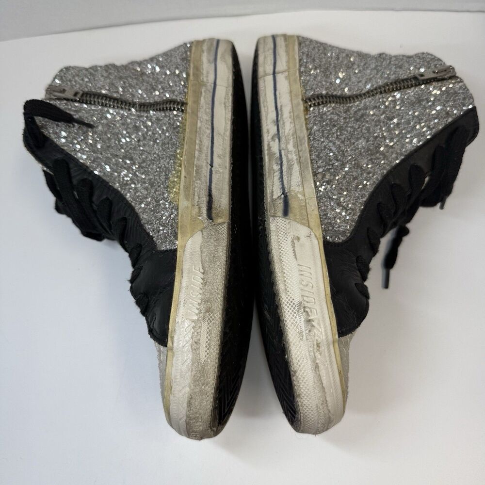 Golden Goose Slide Mid Top Leather Glitter Silver Black Sneakers Sz 8 - Picture 3 of 11